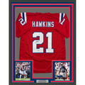 Framed Autographed/Signed Jaylinn Hawkins 35x39 New England Red Football Jersey Beckett BAS COA