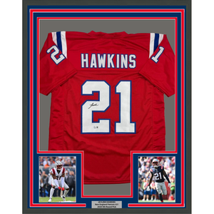 Framed Autographed/Signed Jaylinn Hawkins 35x39 New England Red Football Jersey Beckett BAS COA