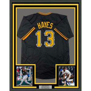Framed Autographed/Signed Ke'Bryan Hayes 35x39 Pittsburgh Black Baseball Jersey Beckett BAS COA