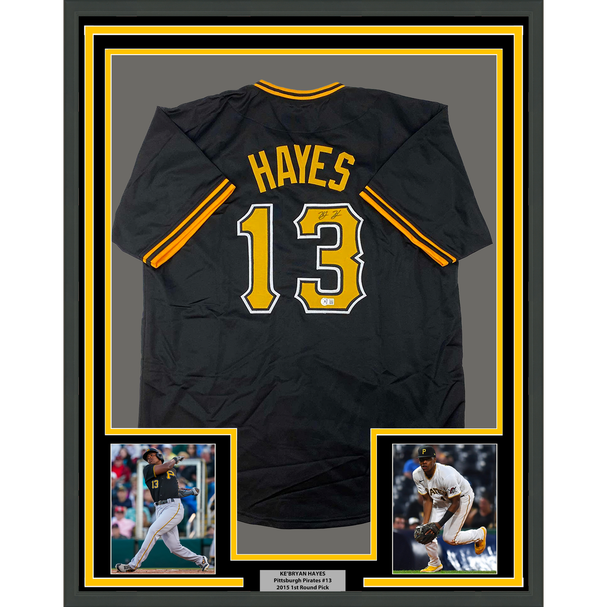 Framed Autographed/Signed Ke'Bryan Hayes 35x39 Pittsburgh Black Baseball Jersey Beckett BAS COA