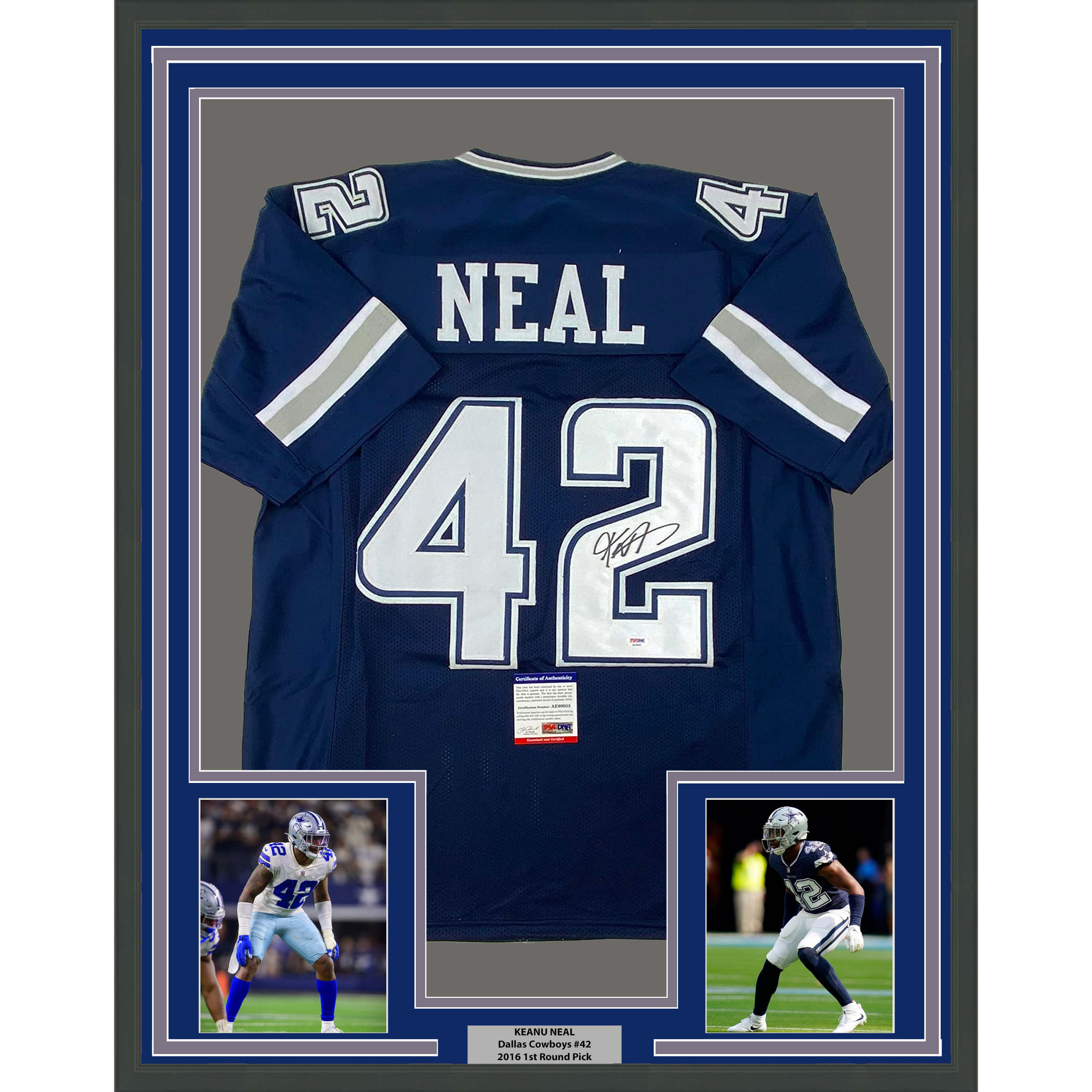 Framed Autographed/Signed Keanu Neal 35x39 Dallas Blue Football Jersey PSA/DNA COA