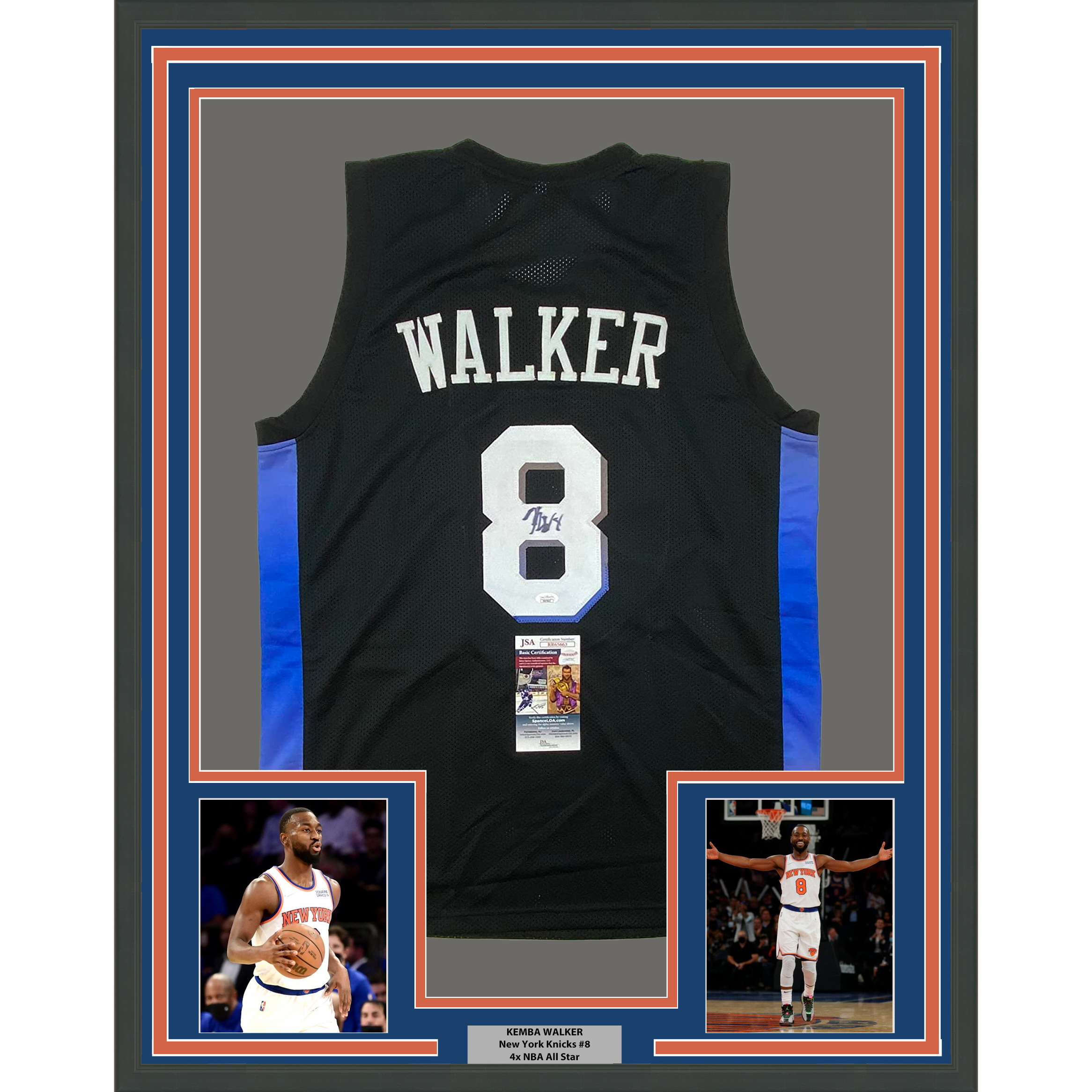 Framed Autographed/Signed Kemba Walker 35x39 New York Black Basketball Jersey JSA COA