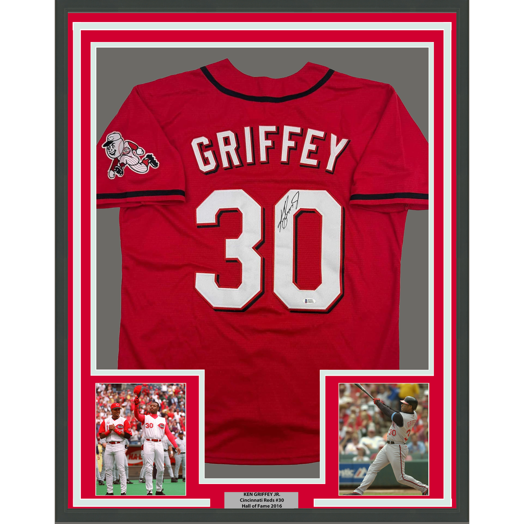 Framed Autographed/Signed Ken Griffey Jr. 35x39 Cincinnati Red Baseball Jersey Beckett BAS COA