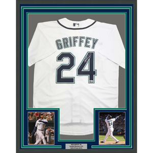 Framed Autographed/Signed Ken Griffey Jr. 35x39 Seattle White Baseball Jersey Beckett BAS COA