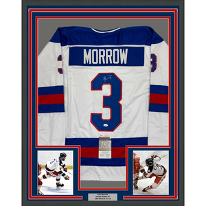Framed Autographed/Signed Ken Morrow 35x39 1980 Miracle On Ice United States White Hockey Jersey JSA COA