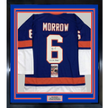 Framed Autographed/Signed Ken Morrow 4x SC Champs 35x39 New York Blue Hockey Jersey JSA COA