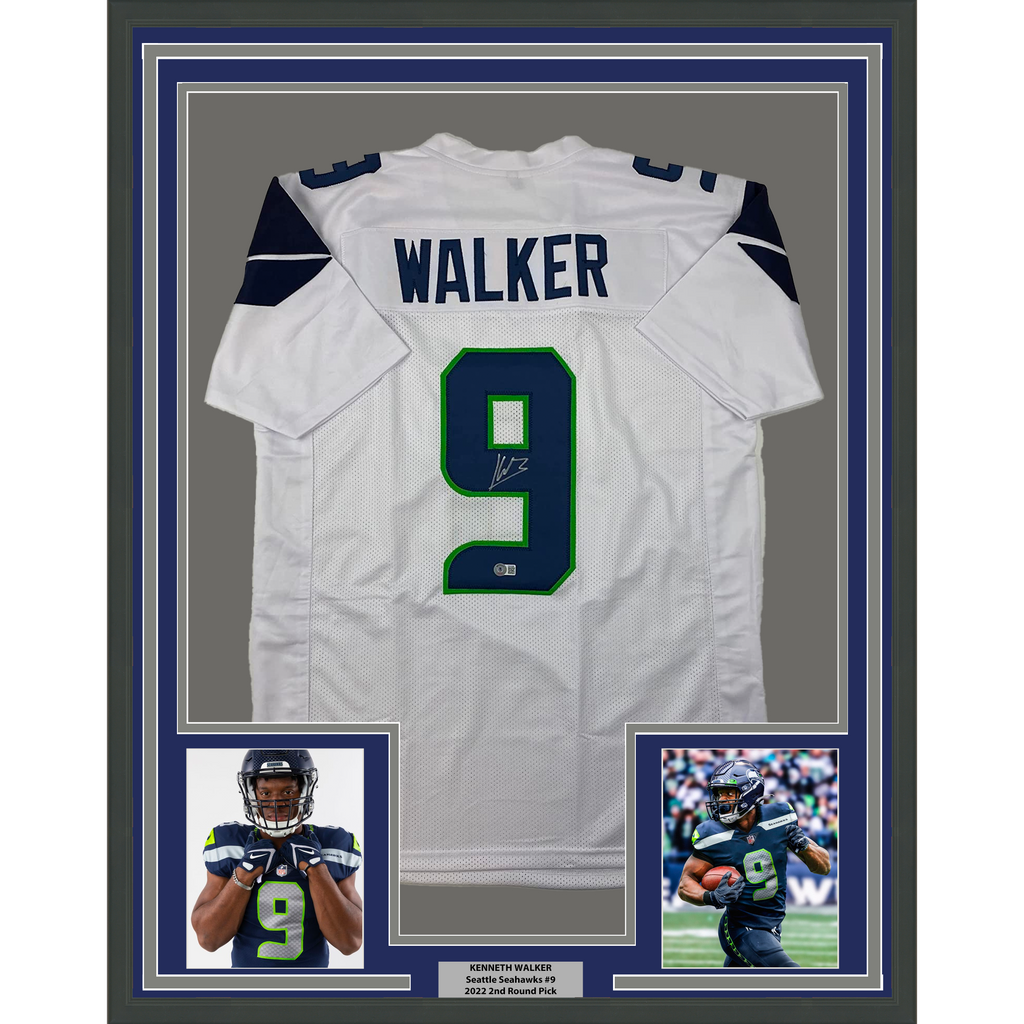 Framed Autographed/Signed Kenneth Walker 35x39 Seattle White Football Jersey Beckett BAS COA