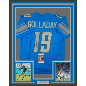 Framed Autographed/Signed Kenny Golladay 35x39 Detroit Blue Football Jersey JSA COA
