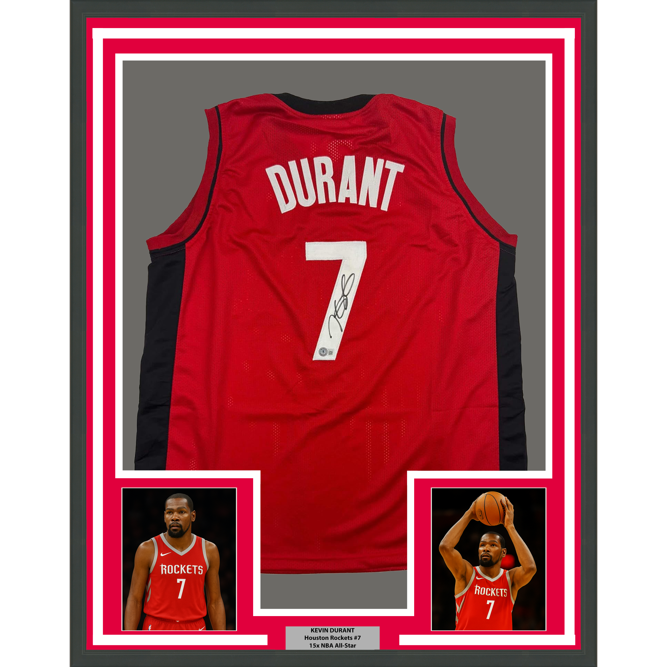 Framed Autographed/Signed Kevin Durant 35x39Houston Red Basketball Jersey Beckett BAS COA