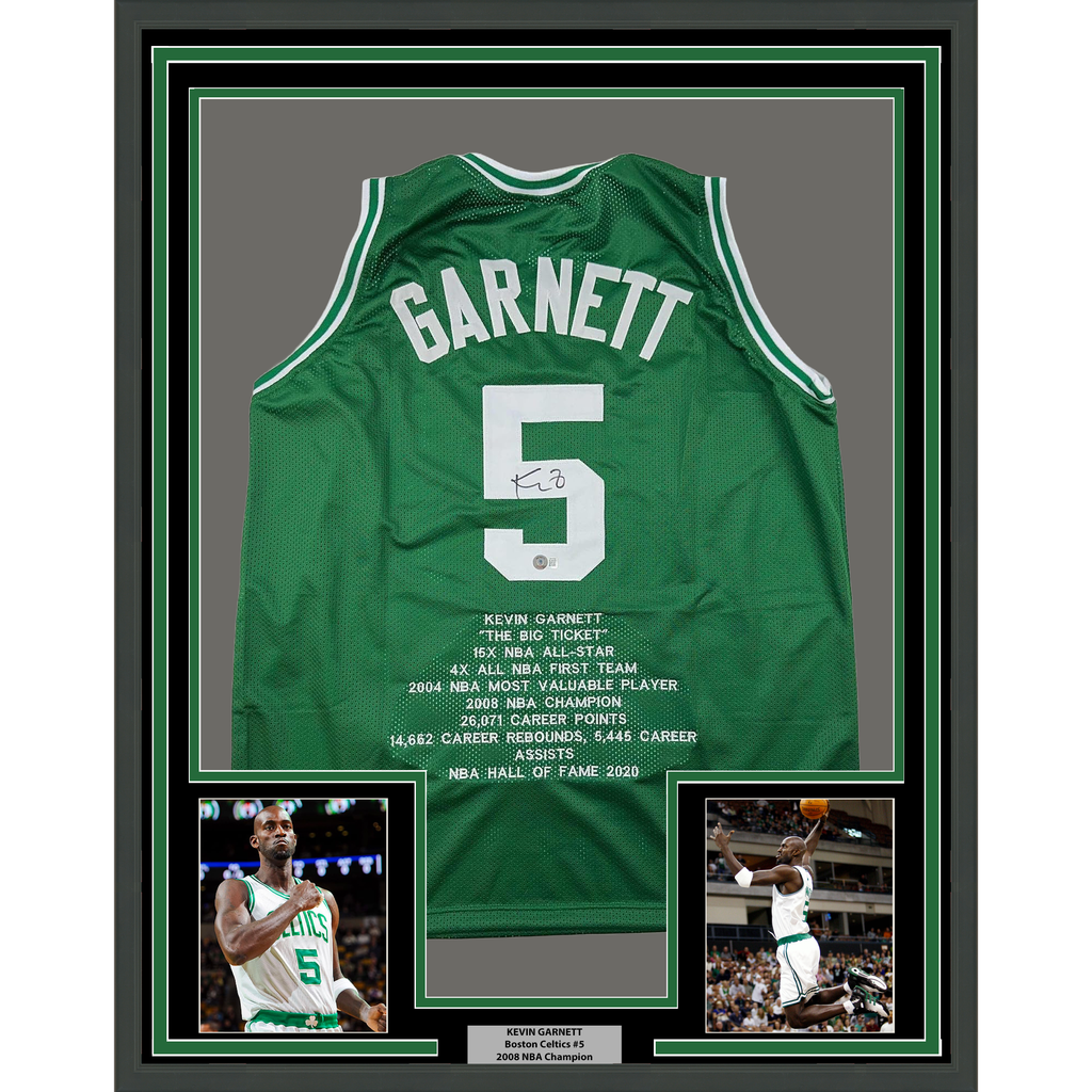 Framed Autographed/Signed Kevin Garnett 35x39 Boston Green Stat Basketball Jersey Beckett BAS COA
