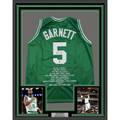 Framed Autographed/Signed Kevin Garnett 35x39 Boston Green Stat Basketball Jersey Beckett BAS COA