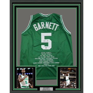 Framed Autographed/Signed Kevin Garnett 35x39 Boston Green Stat Basketball Jersey Beckett BAS COA