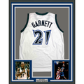 Framed Autographed/Signed Kevin Garnett 35x39 Minnesota White Basketball Jersey JSA COA
