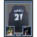 Framed Autographed/Signed Kevin Garnett 35x39 Minnesota Black Basketball Jersey Beckett BAS COA