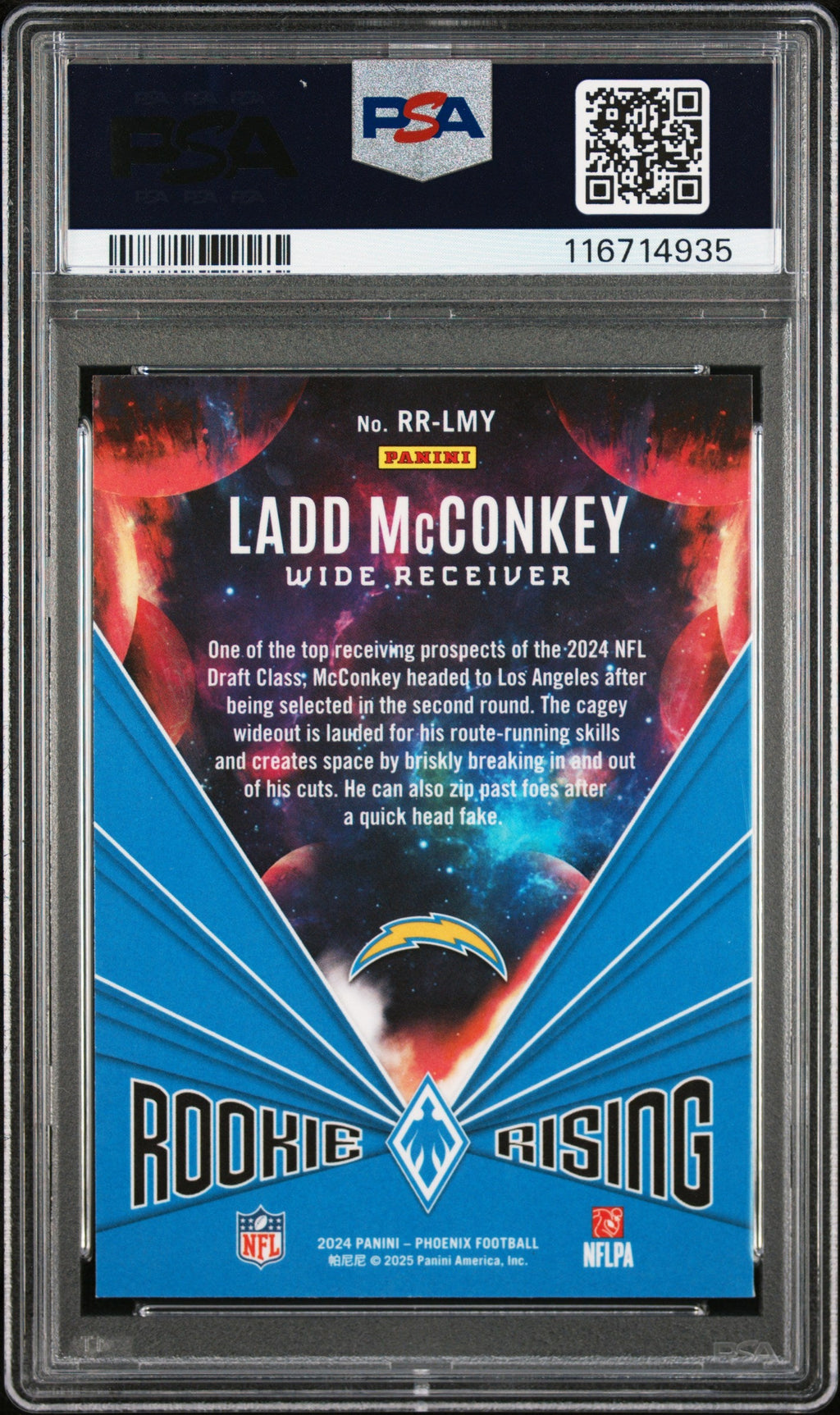 Graded 2024 Panini Phoenix Ladd McConkey #RRLMY Rookie Rising Pandora Rookie RC Football Card PSA 10 Gem Mint
