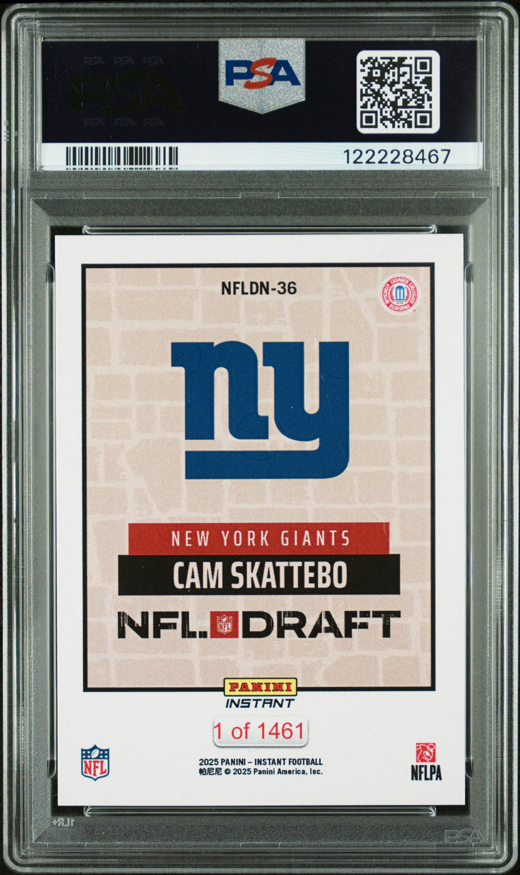 Graded 2025 Panini Instant Cam Skattebo #NFLDN36 NFL Draft Night Rookie RC Football Card PSA 10 Gem Mint