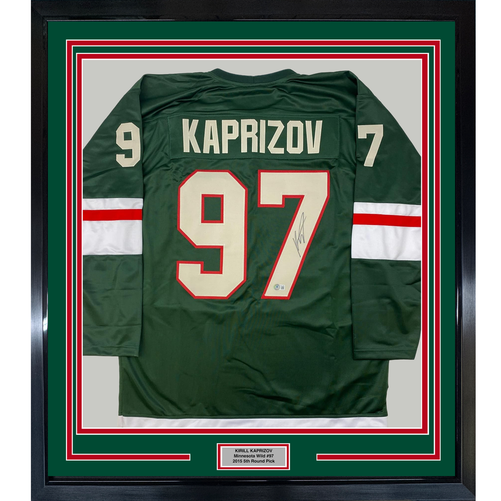 Framed Autographed/Signed Kirill Kaprizov 35x39 Minnesota Green Hockey Jersey Beckett BAS COA