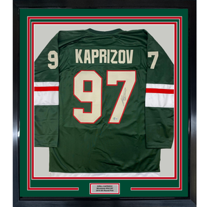 Framed Autographed/Signed Kirill Kaprizov 35x39 Minnesota Green Hockey Jersey Beckett BAS COA