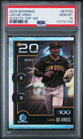 Graded 2025 Topps Bowman Leo De Vries #BTP20 Scouts Top 100 Rookie RC Baseball Card PSA 10 Gem Mint