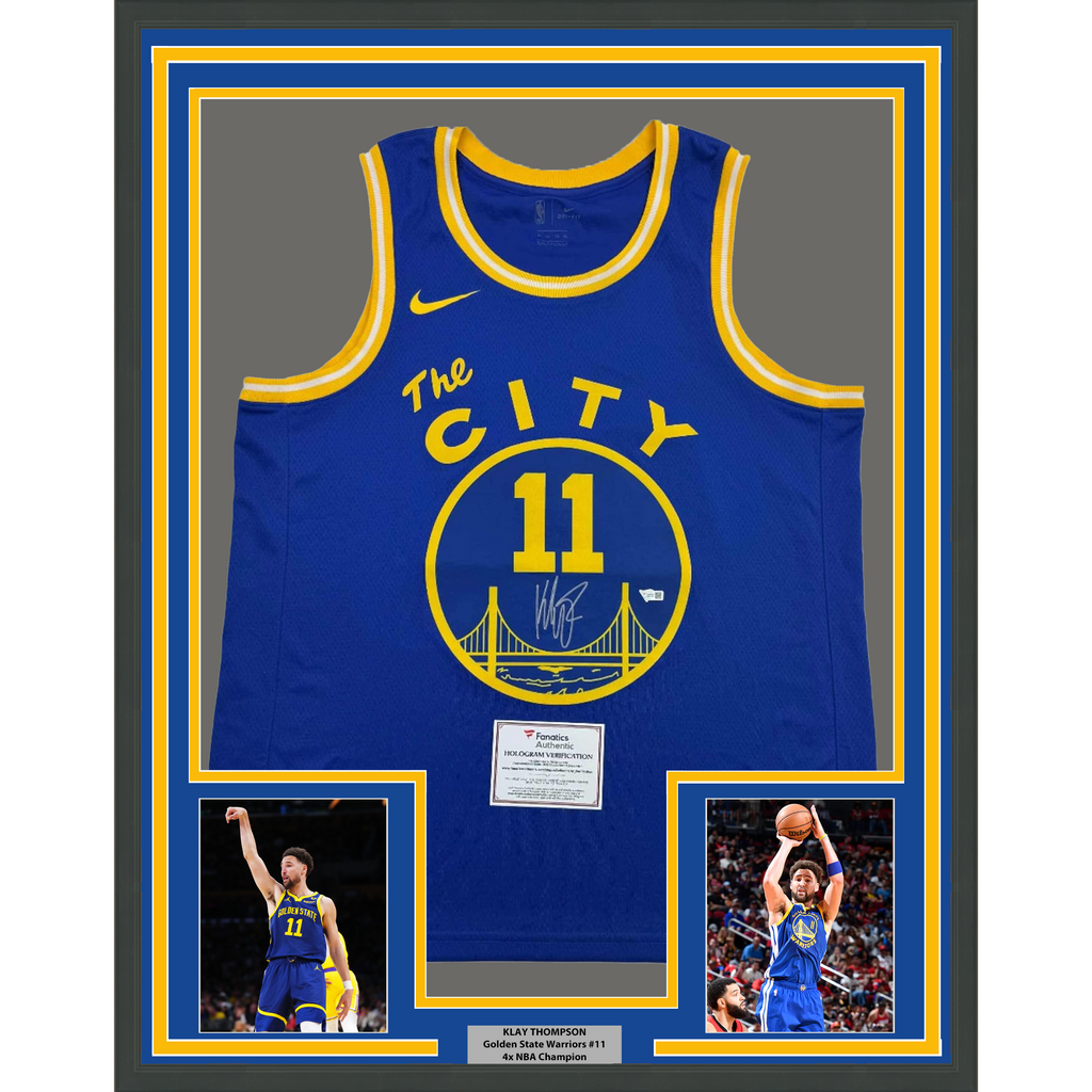 Framed Autographed/Signed Klay Thompson 35x39 Golden State Warriors Blue Basketball Jersey Fanatics COA