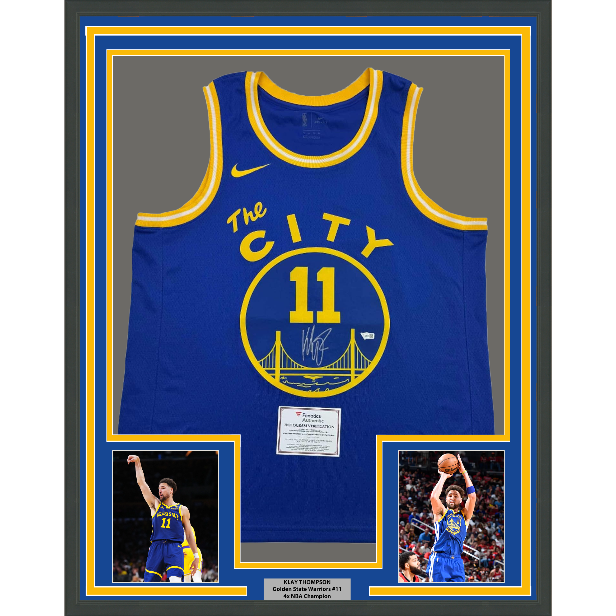 Framed Autographed/Signed Klay Thompson 35x39 Golden State Warriors Blue Basketball Jersey Fanatics COA
