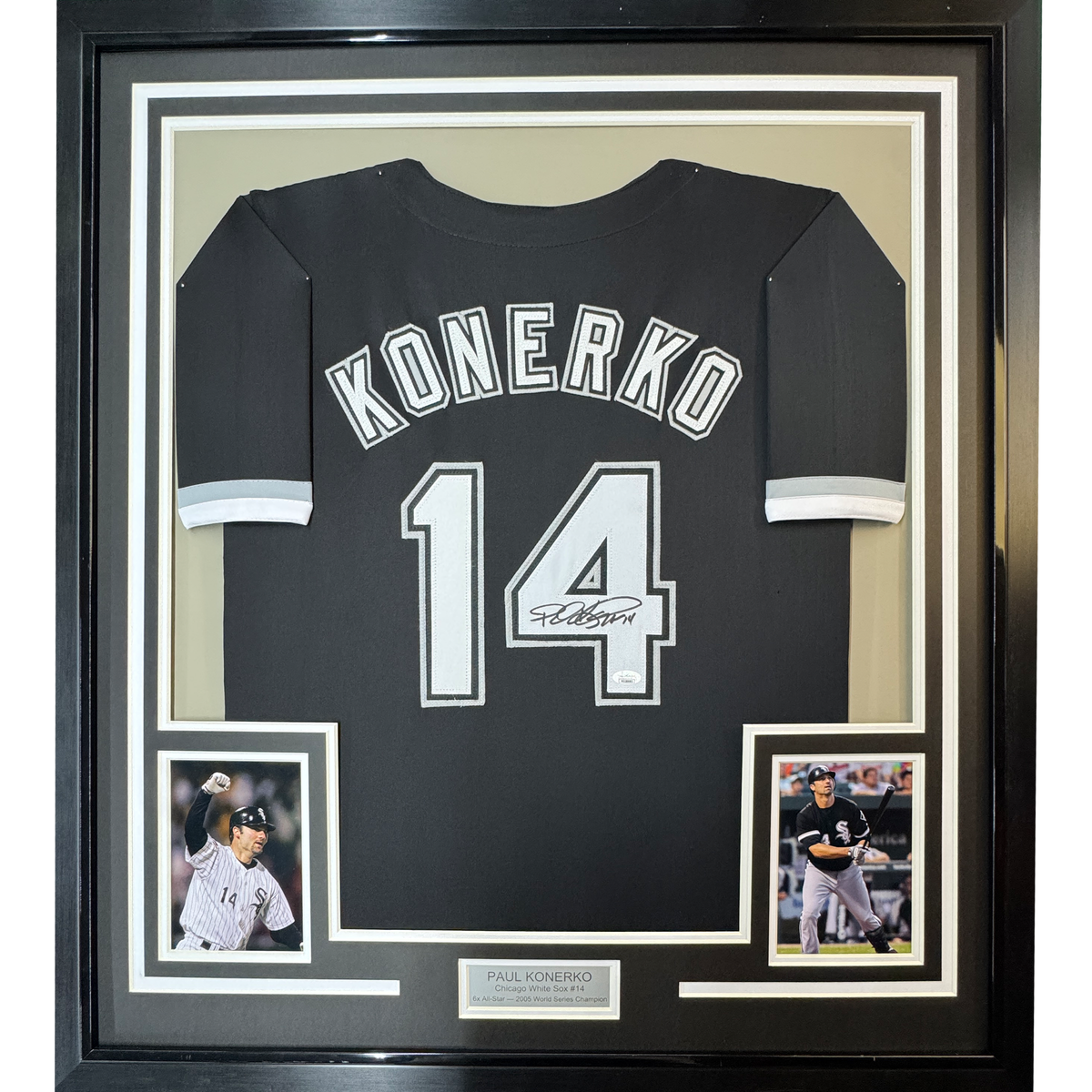 Framed Autographed/Signed Paul Konerko 35x39 Chicago Black Baseball Jersey JSA COA
