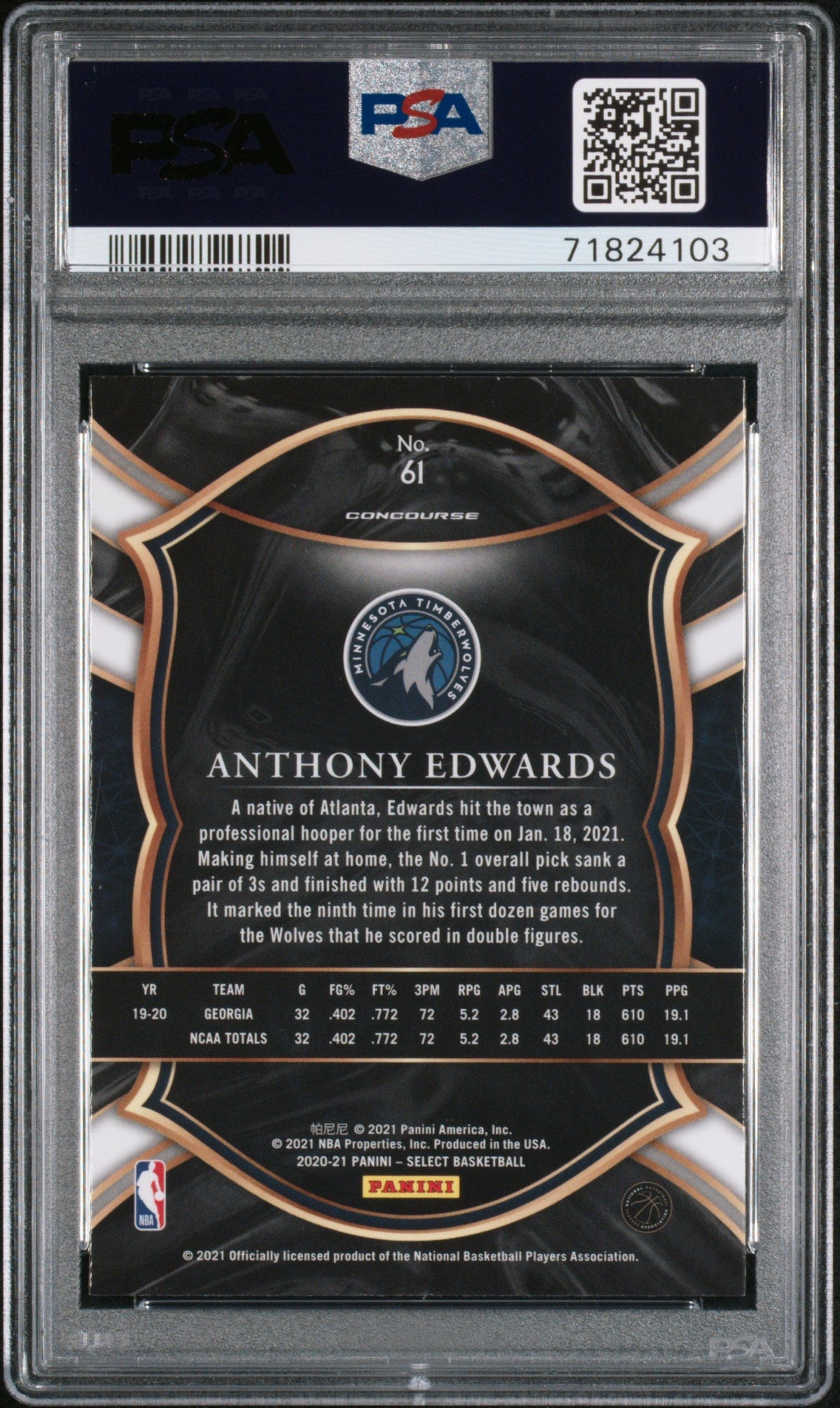 Graded 2020 Panini Select Anthony Edwards #61 Rookie RC Basketball Card PSA 10 Gem Mint