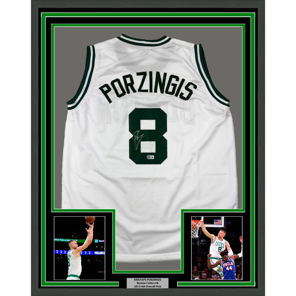 Framed Autographed/Signed Kristaps Porzingis 35x39 Boston White Basketball Jersey JSA COA