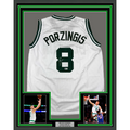 Framed Autographed/Signed Kristaps Porzingis 35x39 Boston White Basketball Jersey JSA COA