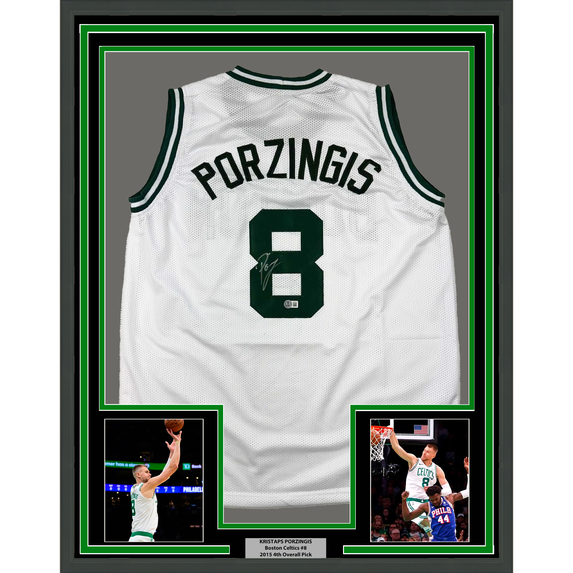 Framed Autographed/Signed Kristaps Porzingis 35x39 Boston White Basketball Jersey JSA COA