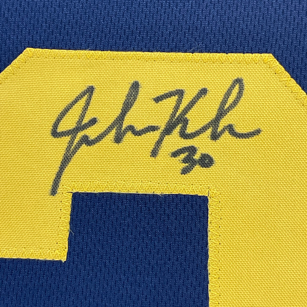 Framed Autographed/Signed John Kuhn 35x39 Green Bay Blue Retro Football Jersey JSA COA