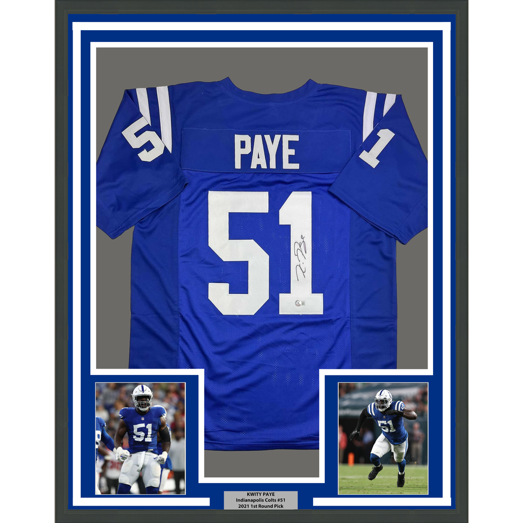 Framed Autographed/Signed Kwity Paye 35x39 Indianapolis Blue Football Jersey Beckett BAS COA