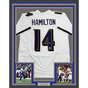 Framed Autographed/Signed Kyle Hamilton 35x39 Baltimore White Football Jersey Beckett BAS COA