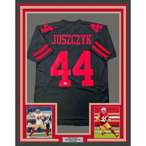 Framed Autographed/Signed Kyle Juszczyk 35x39 San Francisco Black Football Jersey Beckett BAS COA