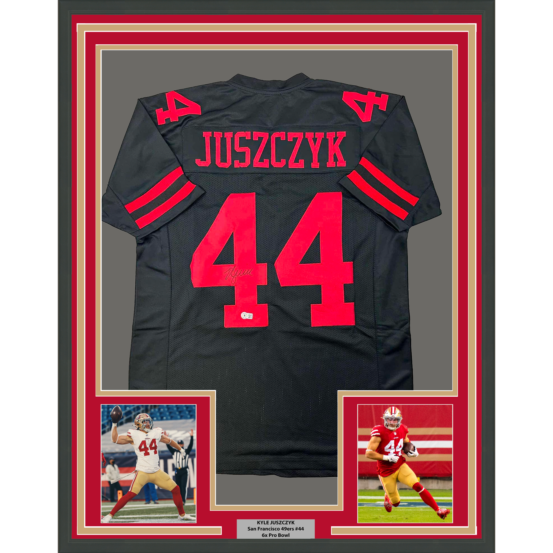 Framed Autographed/Signed Kyle Juszczyk 35x39 San Francisco Black Football Jersey Beckett BAS COA