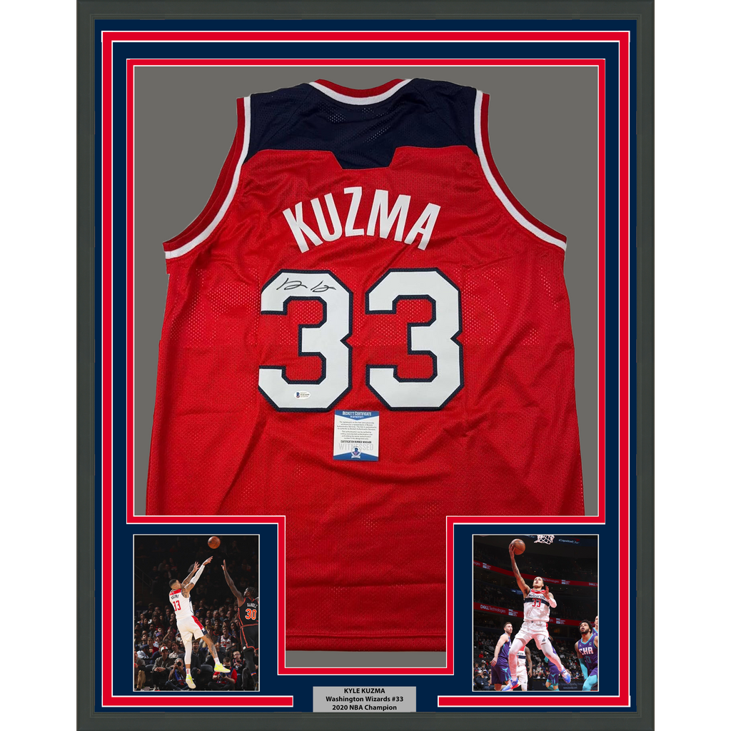 Framed Autographed/Signed Kyle Kuzma 35x39 Washington Red Basketball Jersey Beckett BAS COA