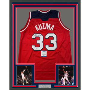 Framed Autographed/Signed Kyle Kuzma 35x39 Washington Red Basketball Jersey Beckett BAS COA