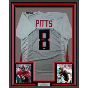 Framed Autographed/Signed Kyle Pitts 35x39 Atlanta Grey Football Jersey Beckett BAS COA