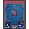 Framed Autographed/Signed Kyle Tucker 35x39 Chicago Blue Baseball Jersey Beckett BAS COA
