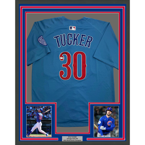 Framed Autographed/Signed Kyle Tucker 35x39 Chicago Blue Baseball Jersey Beckett BAS COA