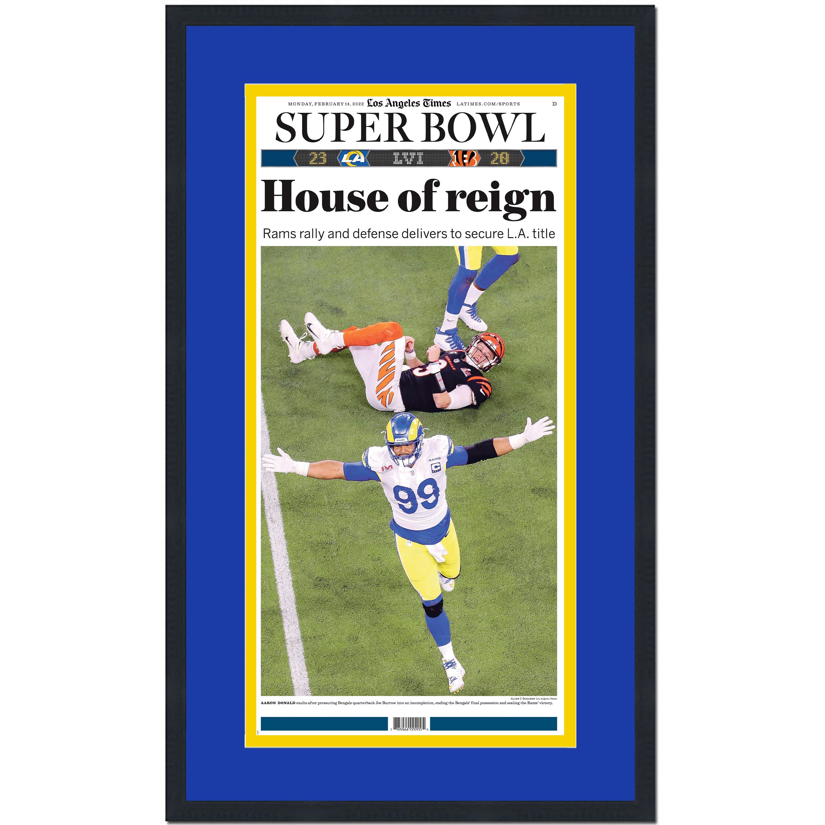 Framed Los Angeles Times LA Rams House of Reign Super Bowl LVI 56 Champions 14x24 Football Newspaper Cover Photo Professionally Matted V2