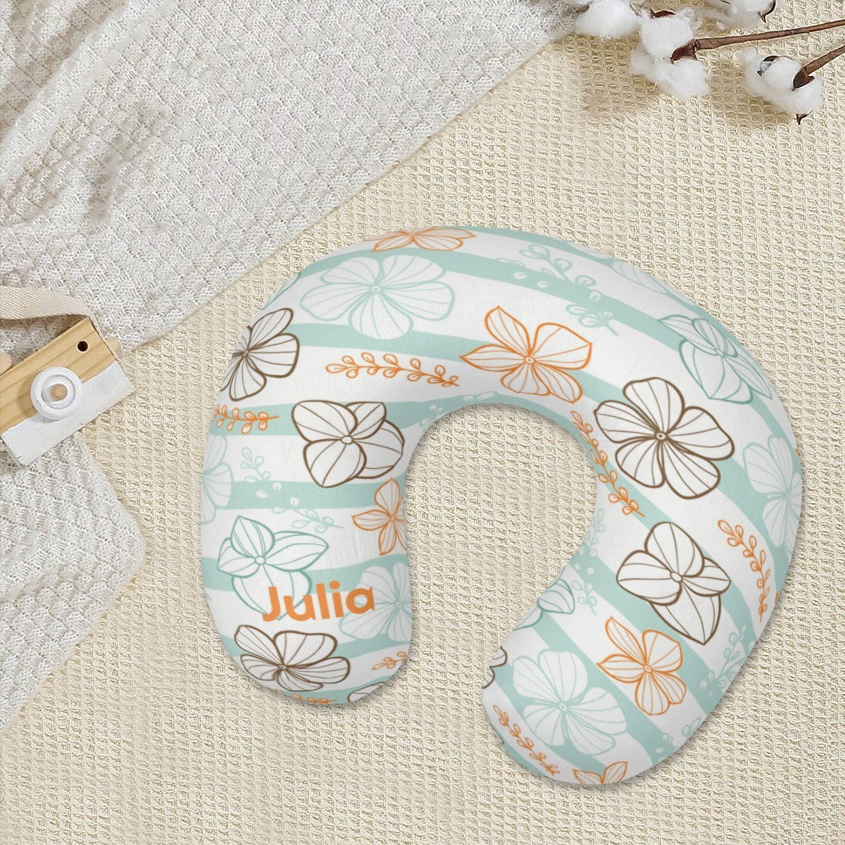 Personalized Floral Stripe Travel Neck Pillow | Custom Name Gift
