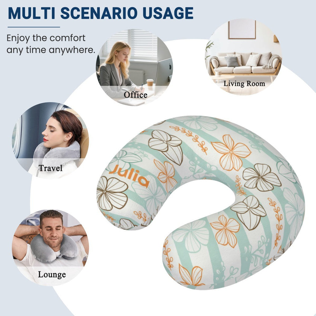 Personalized Floral Stripe Travel Neck Pillow | Custom Name Gift
