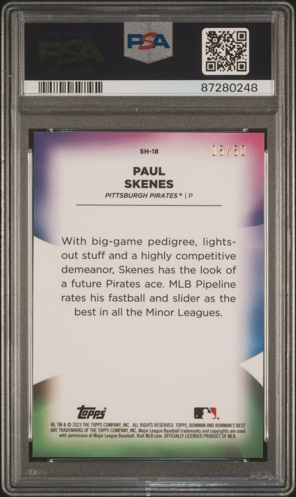 Graded 2023 Topps Bowmans Best Paul Skenes #SH18 Shellacked Lava #/50 Rookie RC Baseball Card PSA 10 Gem Mint