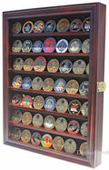LOCKABLE Military Challenge Coin Display Case Cabinet Rack Holder, LOCKABLE - Mahogany Finish