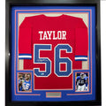 Framed Autographed/Signed Lawrence Taylor 35x39 New York Red Football Jersey JSA COA