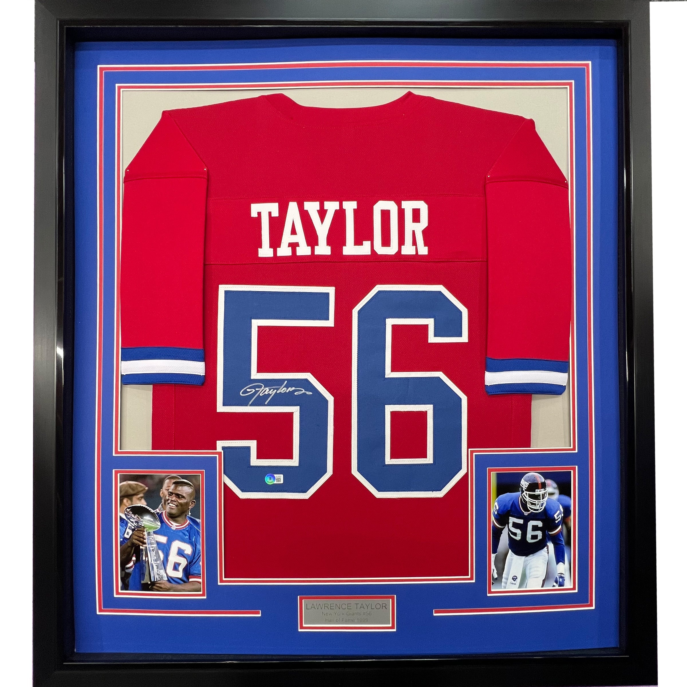 Framed Autographed/Signed Lawrence Taylor 35x39 New York Red Football Jersey JSA COA