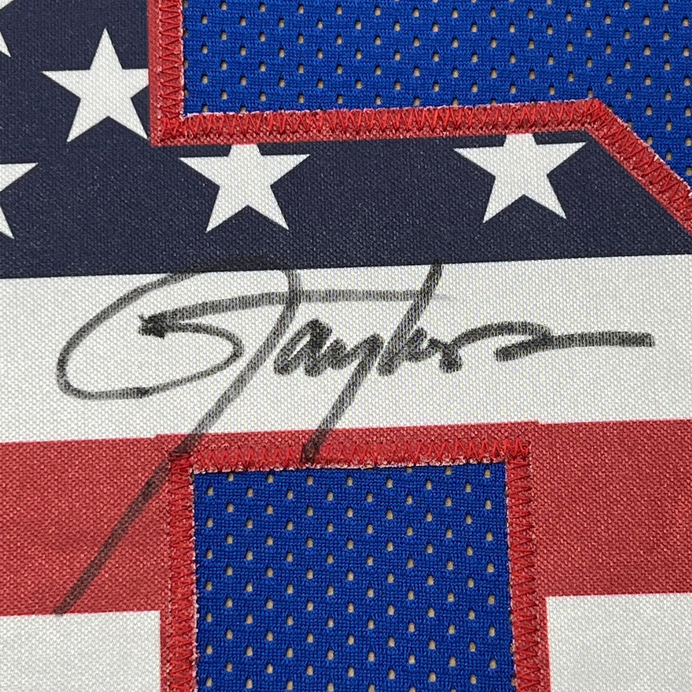 Framed Autographed/Signed Lawrence Taylor 35x39 New York Blue USA American Flag Football Jersey Beckett BAS COA