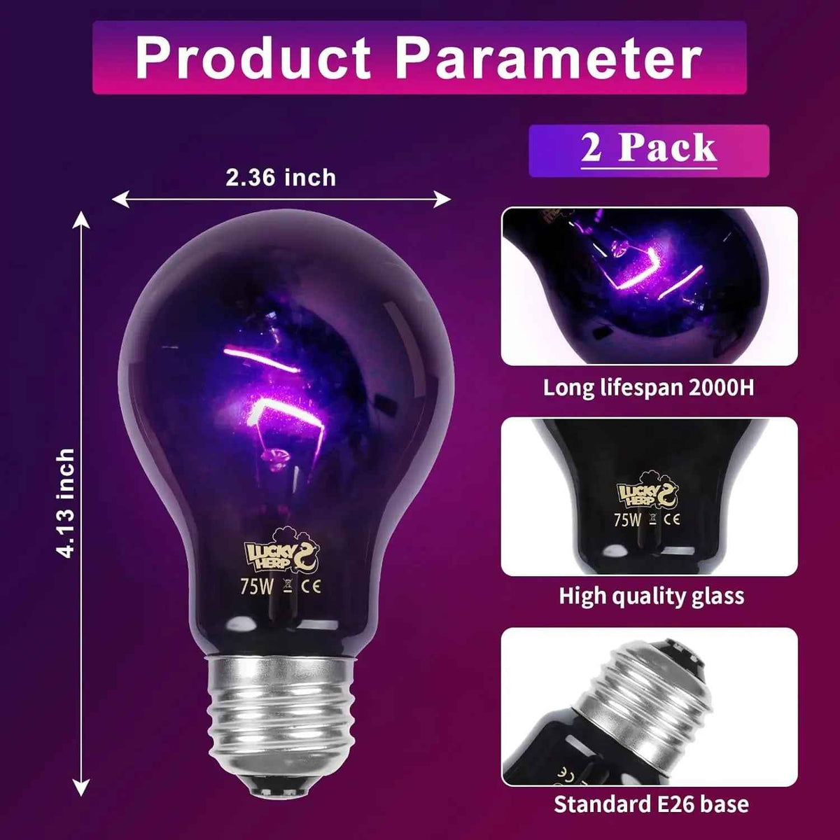 LUCKY HERP Reptile Night Heat Bulb 2 Pack 50W/75W UVA E26