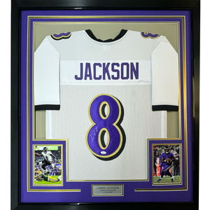 Framed Autographed/Signed Lamar Jackson 35x39 Baltimore White Football Jersey JSA COA